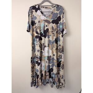 LOGO Lori Goldstein Floral Midi Dress L V Neck Pockets Modern Minimalist Summer